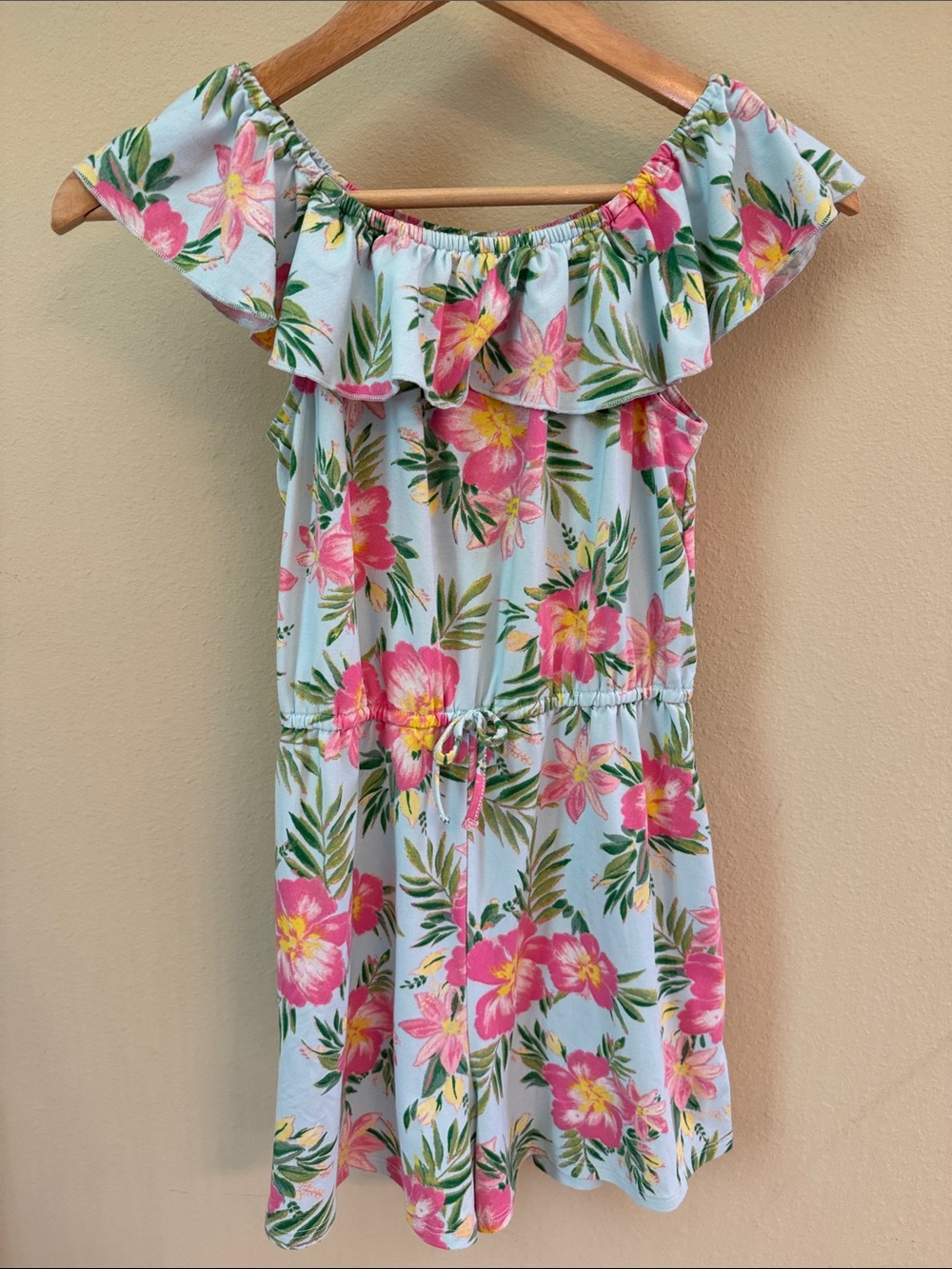 Zunie On or Off-Shoulder Floral Romper - Pink & Green Flowers on Light Blue